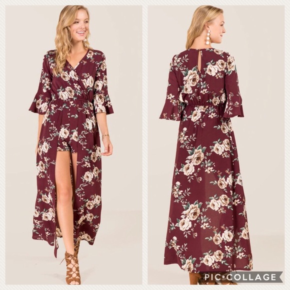 miami Dresses & Skirts - NWT Floral Maxi Romper Miami Diana Burgundy
